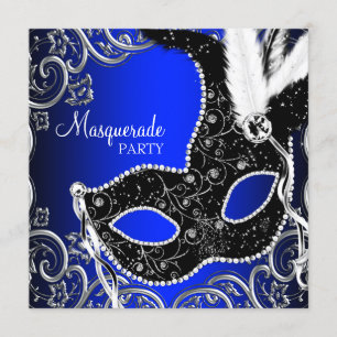 Invitación Fiesta de Mascarada Azul Real Máscara Negra