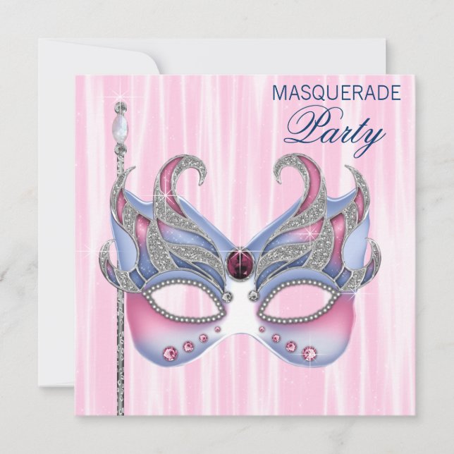 Invitación Fiesta de mascarada azul rosa (Anverso)