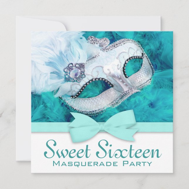 Invitación Fiesta de Mascarada Azul verde azulado (Anverso)