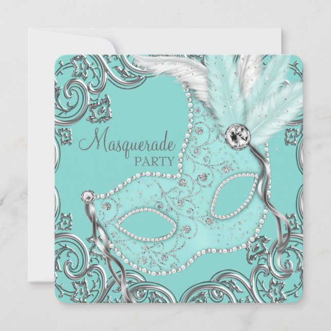 Invitación Fiesta de Mascarada Azul verde azulado (Anverso)