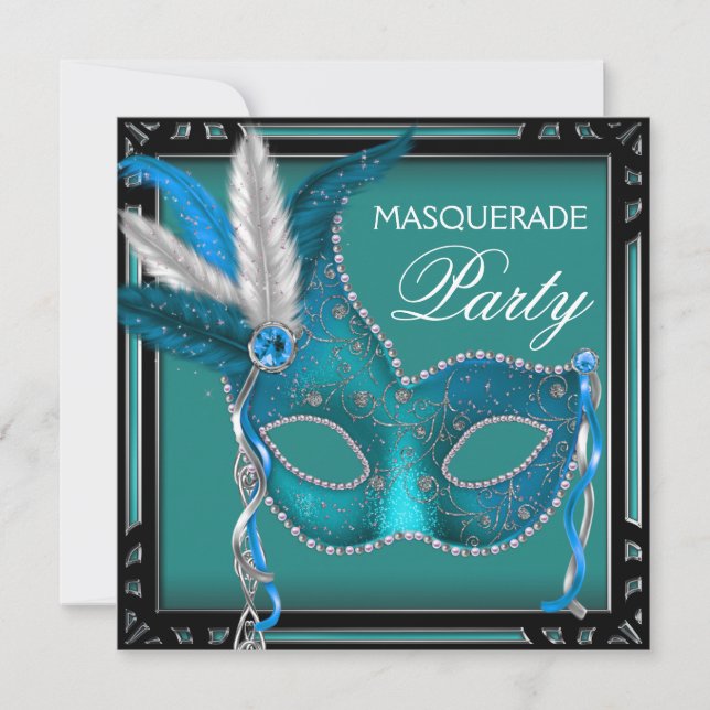 Invitación Fiesta de mascarada azul Verde azulado negro (Anverso)