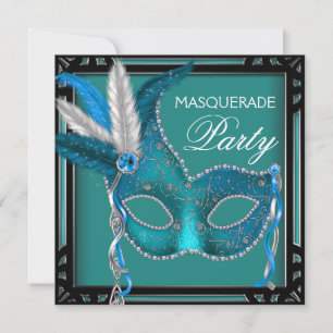 Invitación Fiesta de mascarada azul Verde azulado negro