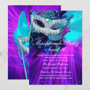 Invitación Fiesta de mascarada con máscara púrpura verde azul