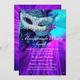 Invitación Fiesta de mascarada con máscara púrpura verde azul