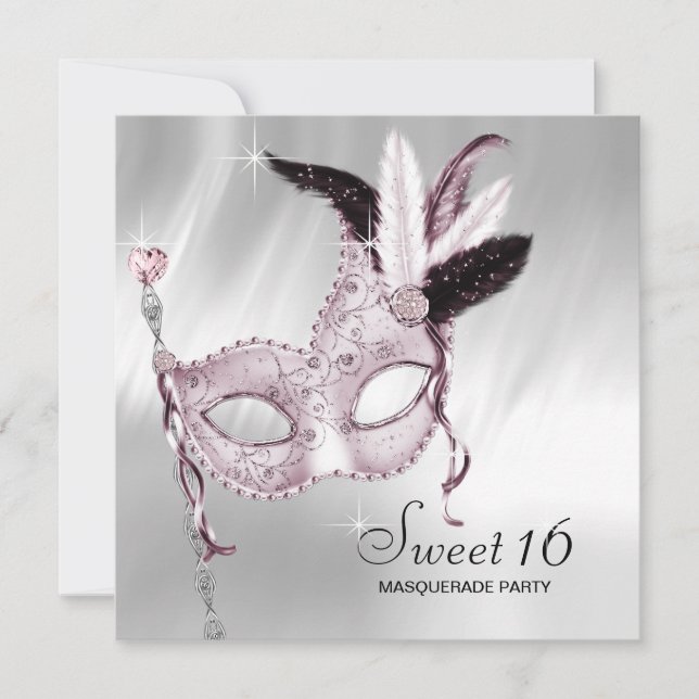 Invitación Fiesta de Mascarada Cumpleaños 16 Dulce Rosa Negro (Anverso)