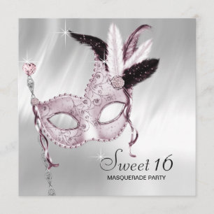 Invitación Fiesta de Mascarada Cumpleaños 16 Dulce Rosa Negro