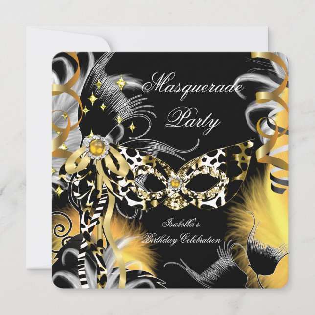 Invitación Fiesta de Mascarada Cumpleaños Máscara Salvaje Oro (Anverso)