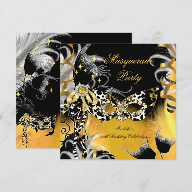 Invitación Fiesta de Mascarada Cumpleaños Máscara Salvaje Oro (Anverso / Reverso)