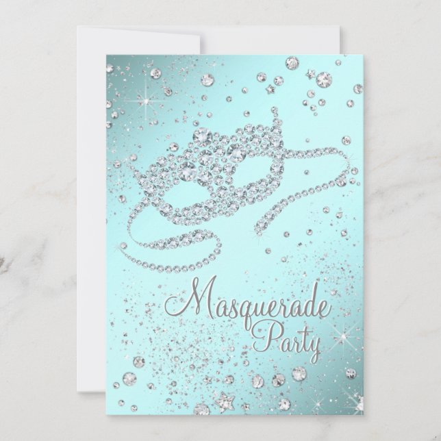 Invitación Fiesta de mascarada de diamantes azul verde azulad (Anverso)