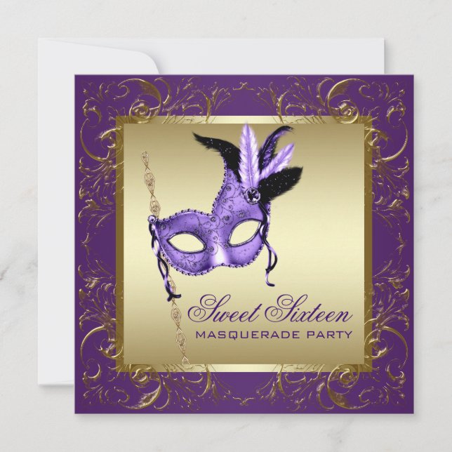 Invitación Fiesta de Mascarada de Dulces Dieciséis Años Púrpu (Anverso)
