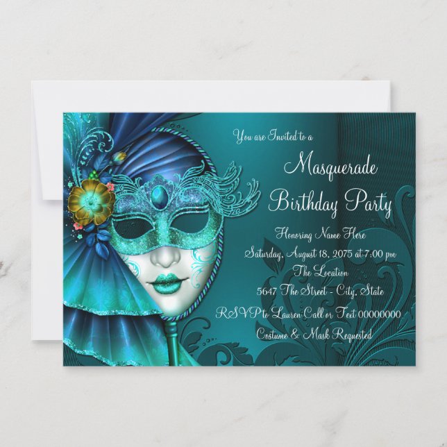 Invitación Fiesta de mascarada de máscara azul verde azulada (Anverso)