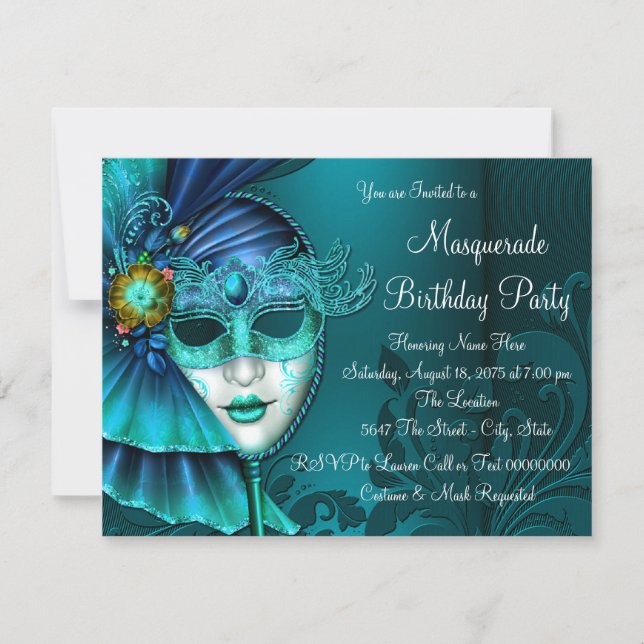 Invitación Fiesta de mascarada de máscara azul verde azulada (Anverso)