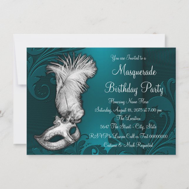 Invitación Fiesta de mascarada de máscara azul verde azulada (Anverso)