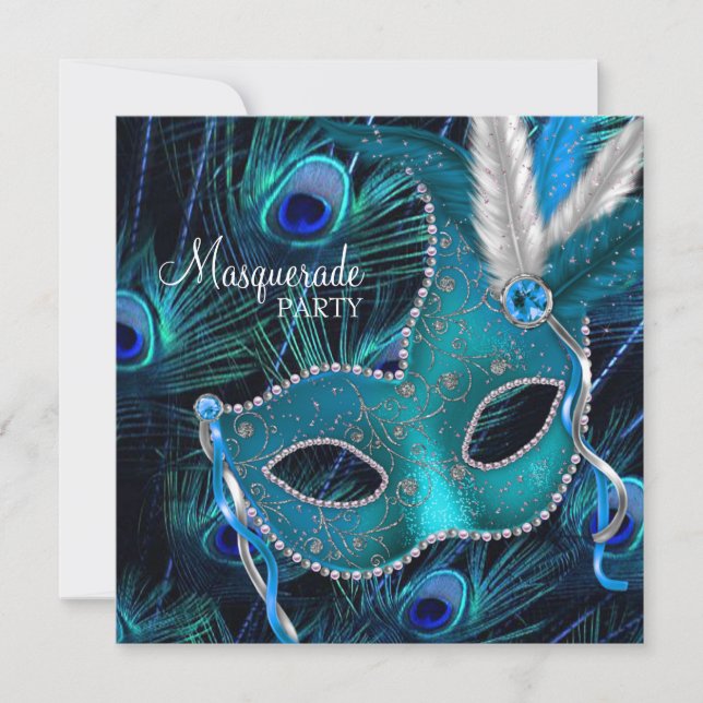 Invitación Fiesta de Mascarada de Mascarada de Pavo Real Azul (Anverso)
