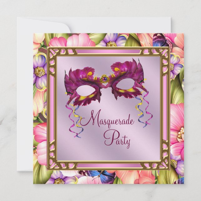 Invitación Fiesta de Mascarada de Mascarada Púrpura Rosa Cali (Anverso)