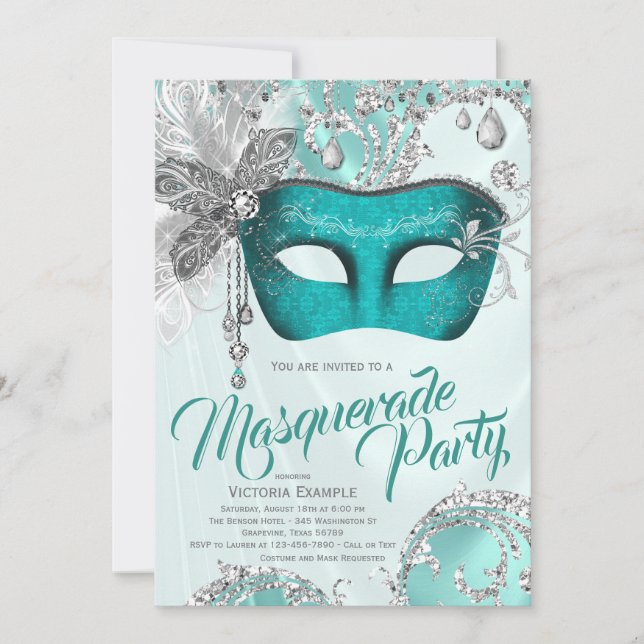 Invitación Fiesta de mascarada de plata azul verde azulada (Anverso)
