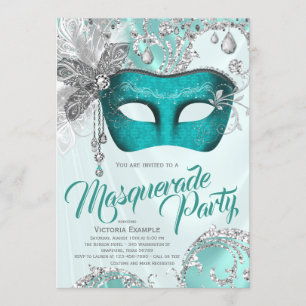 Invitación Fiesta de mascarada de plata azul Verde azulada