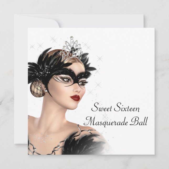 Invitación Fiesta de Mascarada de Tiara Blanco Negro (Anverso)