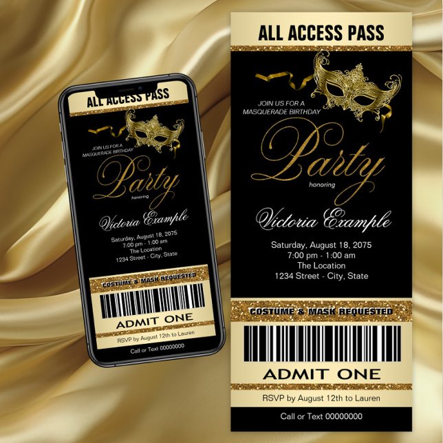 Invitación Fiesta de Mascarada del Black Gold Ticket Style (Black gold masquerade party invitation. Instant download and printed invitations available.)
