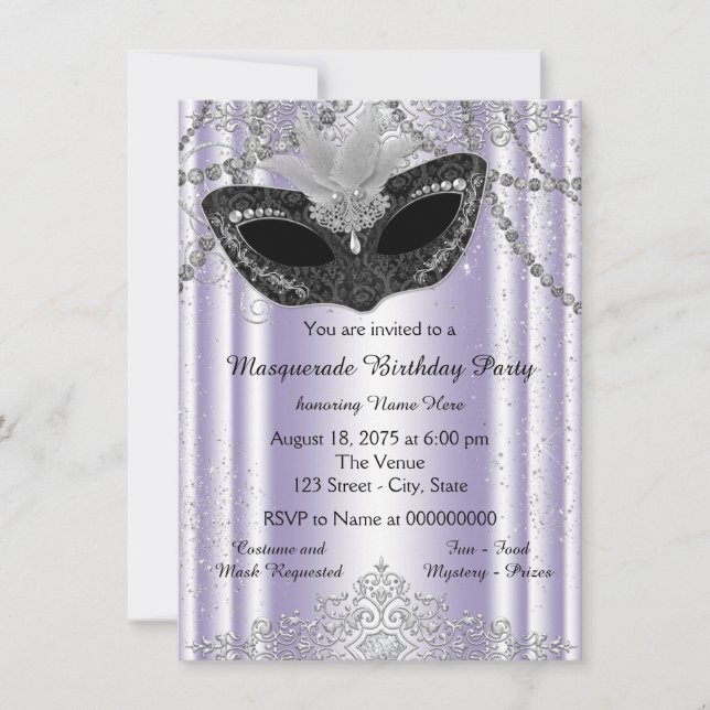 Invitación Fiesta de Mascarada del Purpurina de Perla Morada  (Anverso)