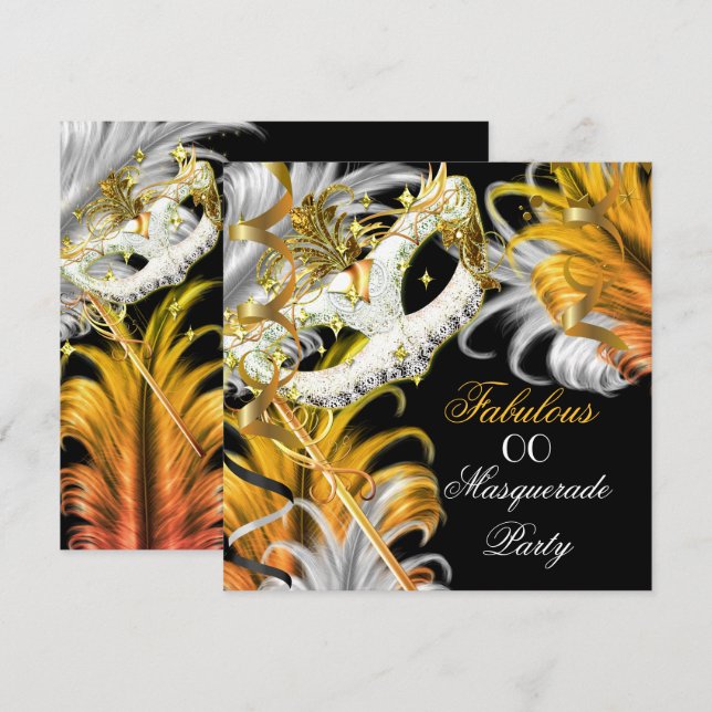 Invitación Fiesta de Mascarada Fabuloso Cumpleaños Gold Silve (Anverso / Reverso)