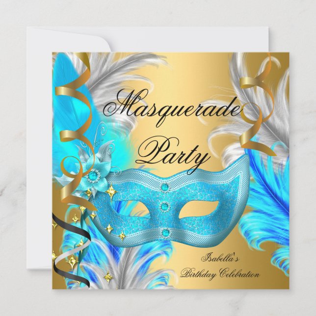 Invitación Fiesta de mascarada Fiesta de cumpleaños Oro Azul  (Anverso)