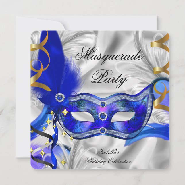 Invitación Fiesta de mascarada Fiesta de cumpleaños Plata Azu (Anverso)