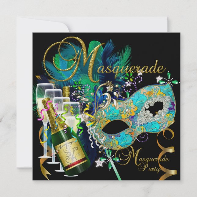 Invitación Fiesta de mascarada mascarilla oro negro Verde azu (Anverso)