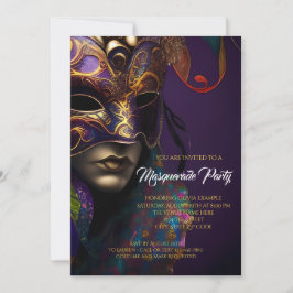 Invitación Fiesta de mascarada morada y dorada con máscara vi