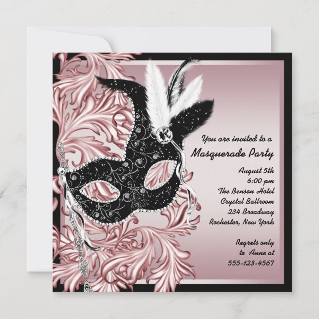 Invitación Fiesta de Mascarada Negra Rosa (Anverso)