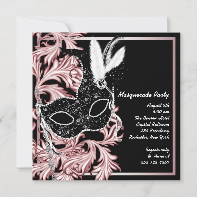 Invitación Fiesta de Mascarada Negra Rosa (Anverso)