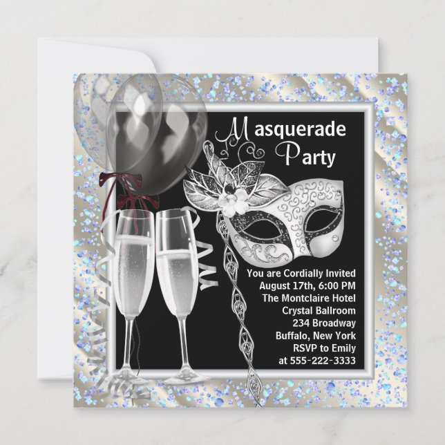Invitación Fiesta de Mascarada Negra y Azul con Confeti de Ch (Anverso)