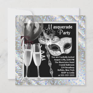 Invitación Fiesta de Mascarada Negra y Azul con Confeti de Ch