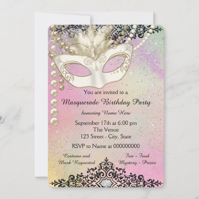 Invitación Fiesta de mascarada Pearl Watercolor (Anverso)
