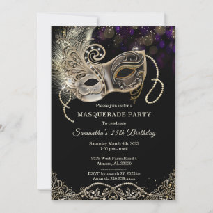 Invitación Fiesta de Mascarada Personalizada en Negro, Oro y 