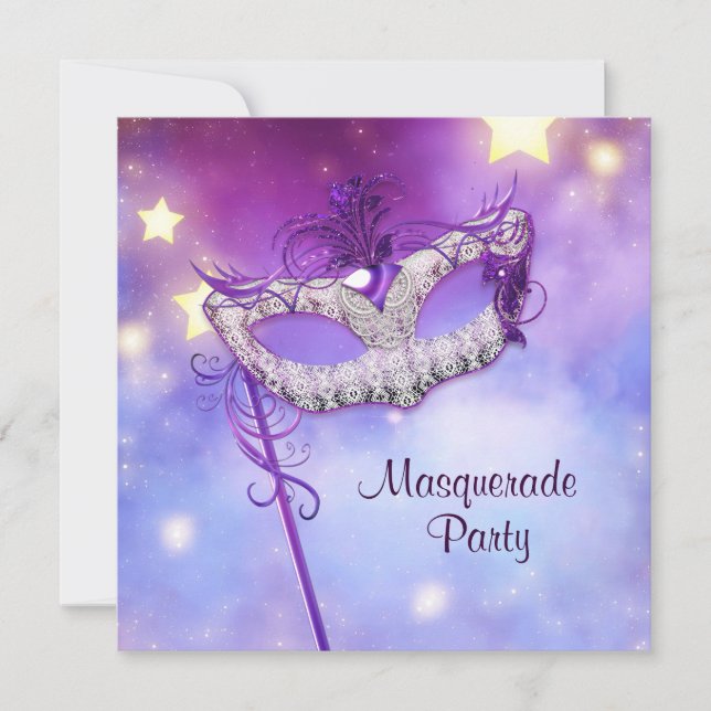 Invitación Fiesta de mascarada púrpura rosa azul verde azulad (Anverso)