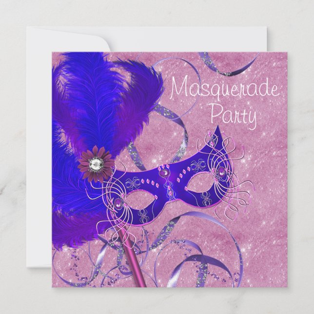 Invitación Fiesta de Mascarada Real Azul Púrpura Rosa (Anverso)