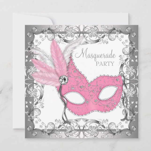 Invitación Fiesta de mascarada rosa y gris (Anverso)