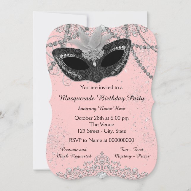Invitación Fiesta de mascarada rosa y negra (Anverso)