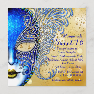 Invitación Fiesta de Mascarada Sweet 16 Azul Real y Dorado