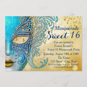 Invitación Fiesta de Mascarada Sweet 16 Azul Turquesa y Dorad