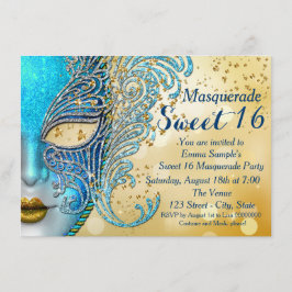 Invitación Fiesta de Mascarada Sweet 16 Azul Turquesa y Dorad