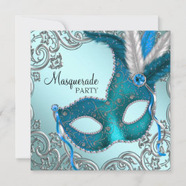 Invitación Fiesta de mascarada verde azulada azul y plata