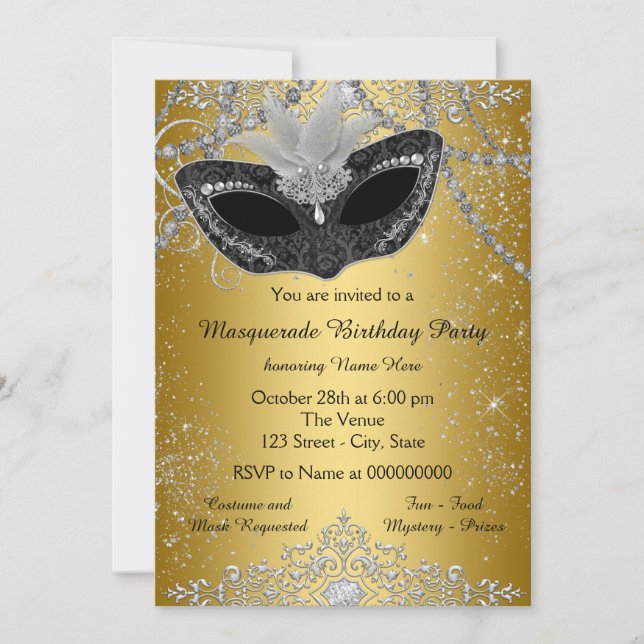 Invitación Fiesta de Mascaradas de bonito Negro y Oro (Anverso)