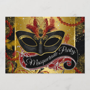 Invitación Fiesta de Mascaradas de Oro y Rojo Negro
