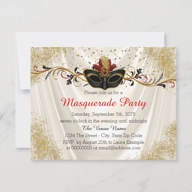 Invitación Fiesta de Mascaradas de Oro y Rojo Negro (Reverso)