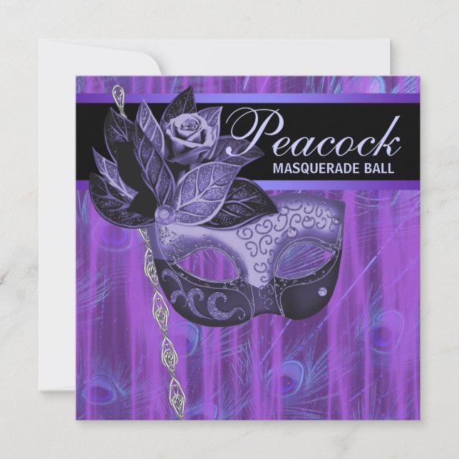 Invitación Fiesta de Mascaradas de Púrpura Pavo Peacock (Anverso)
