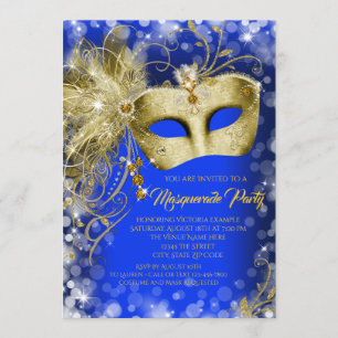 Invitación Fiesta de Máscaras Azul Real con Brillo Dorado