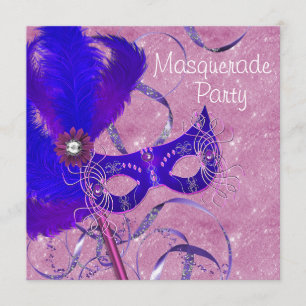 Invitación Fiesta de Máscaras Azul Real Purpura Rosa