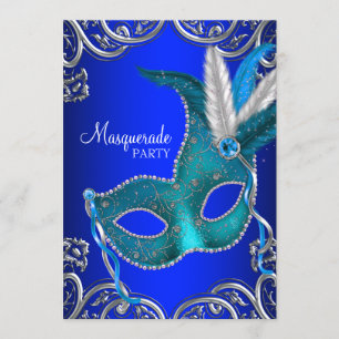 Invitación Fiesta de Máscaras Azul Real y Turquesa